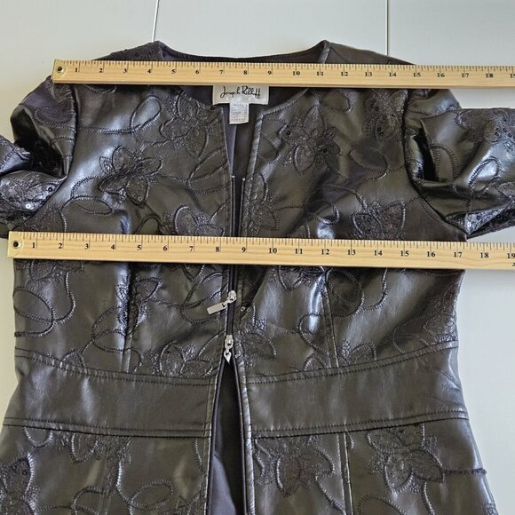 Joseph Ribkoff Jacket Womens 8 Black Faux Leather Sequin Embroidery Whimsigoth - Picture 4 of 16